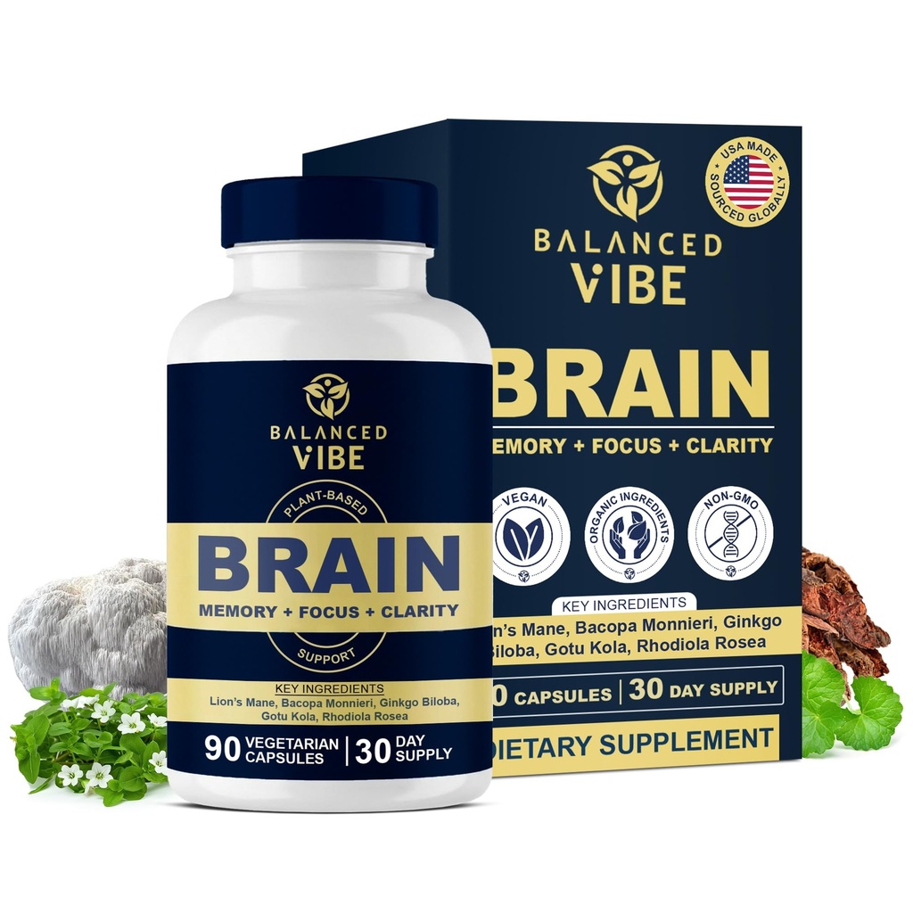 Balanceret Vibe Brain Formel 124; Organic Plant- Based Nootrop for Focus, Clarity & Memory Buddy 124; Organic Lions Mane, Ginkgo, Bacopa, Rhodiola, Gotu Kola Buddy 124; Vegansk Kapsler Buddy 124; 30 Day Supply