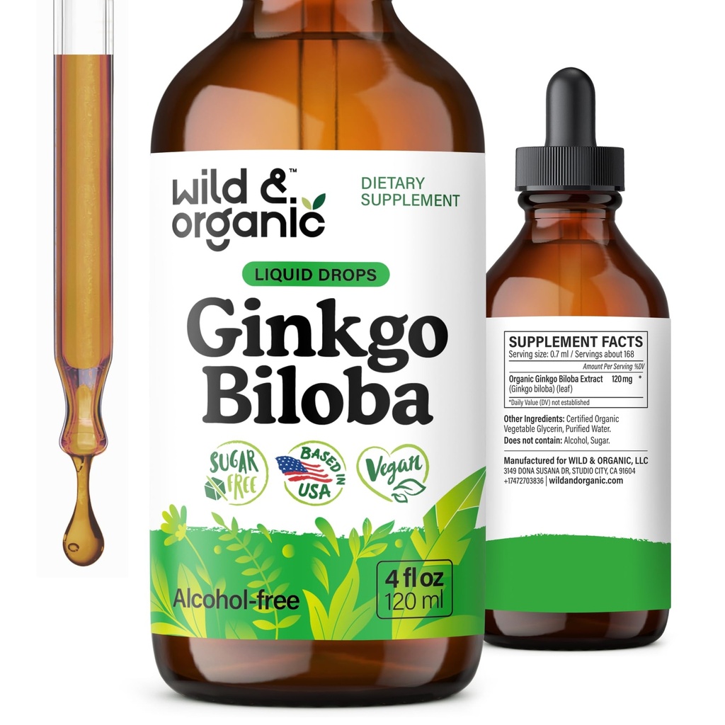 Wild & Organic Ginkgo Biloba Extract Drops - Brain & Focus Support - Flydende Ginkgo Biloba Kosttilskud - Vegan, Sugar & Alcohol- Free Herbal Tinktur - 4 fl oz