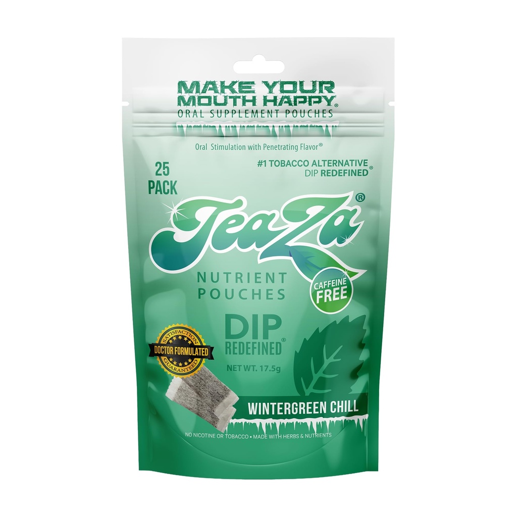 TeaZa Herbal Energy Pouches Tobacco Free Dip Nicotine Free, Smokeless Alternative Snuff Healthy Chewing Dipping Alternative, Wintergreen Chill (1 Pack) No Caffeine Refreshing Cool Flavor