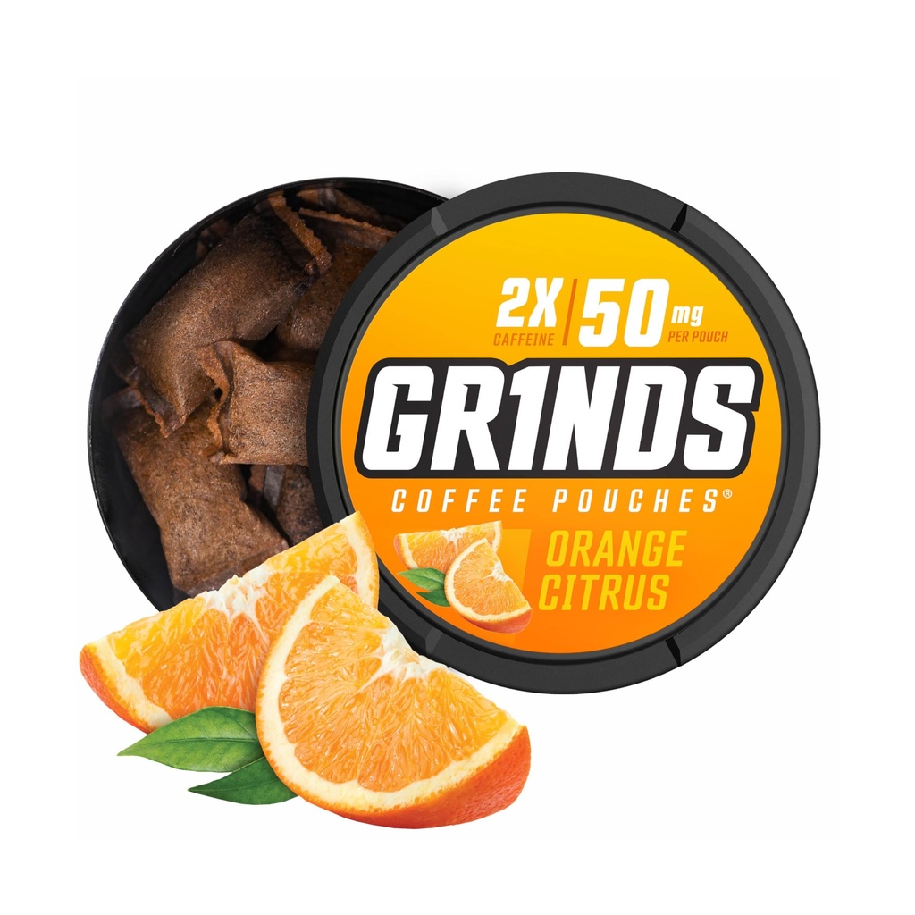Grinds Coffee Pouches 18 Per Can | 3 Cans Orange Citrus | Caffeine Pouches | Clean Energy Option | Portable Energy | No Crash, No Jitter | B-Vitamins | Focus | Sugar Free | Brew-Free Coffee