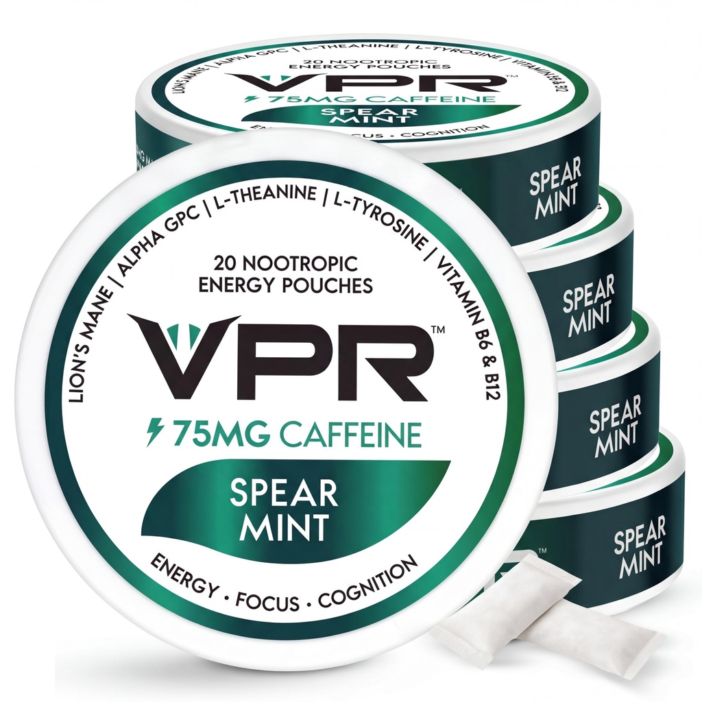VPR 75MG Caffeine Nootropic Pouches | 20 Count Energy Pouches with Lion's Mane, Alpha-GPC, Vitamin B6 & B12, L-Theanine, and L-Tyrosine | Naturally Flavored Focus Pouches with No Sugar (Spearmint)