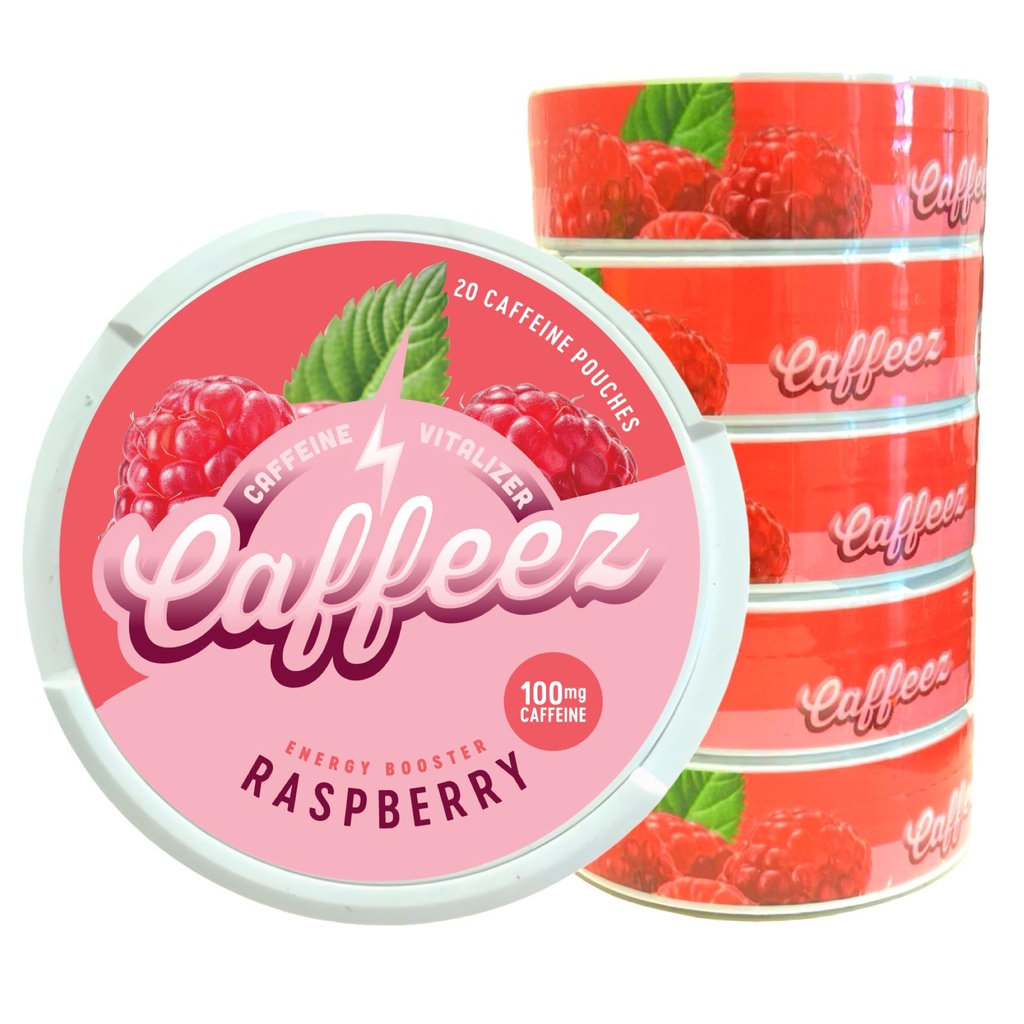 CAFFEEZ VITALIZER CAFFEINE™ - Energy Pouches | Caffeine Pouches | 50mg Natural Caffeine | 250mg Guarana | 0 Calories | 0 Sugar | 20 Pouches Per Can | 1 Tin or 1 Sleeve (Sleeve (5 Tins), Raspberry)