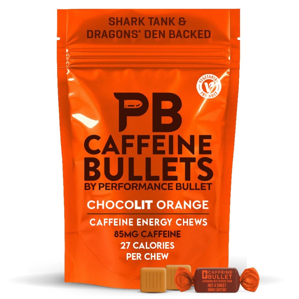 Caffeine Bullet 8 Chocolate Orange Caffeine Candies = 800mg Caffeine Kick, Faster Than Energy gels & Cycling Chews for a mid-Race Endurance Sports and Gaming Caffeinated Energy Boost