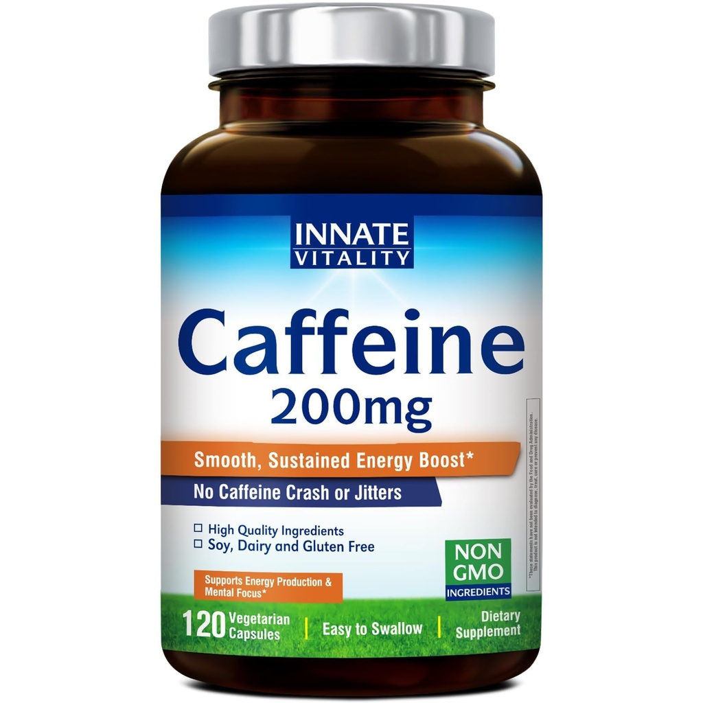 Innate Vitality Caffeine, 200 mg Caffeine Pills for Adults, Men & Women, No Crash or Jitters, Non GMO, No Gluten, Boost Energy Levels & Mental Focus, 120 Vegan Capsules