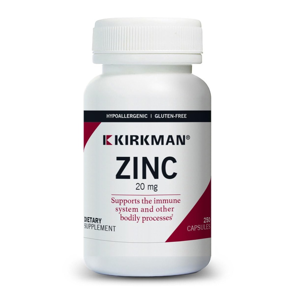 Kirkman - Zink 20mg - 250 kapsler - immunforsvar - høj absorption - hypoallergen