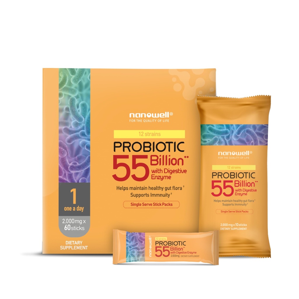 NANOWELL 12 Strops Probiotiske 55 Millioner CFU med fordøjelige enzymer pulver - immunforsvar, Gut Health, Probiotika, Prebiotika & Postbiotika - 60 sticks, 60 dages forsyning