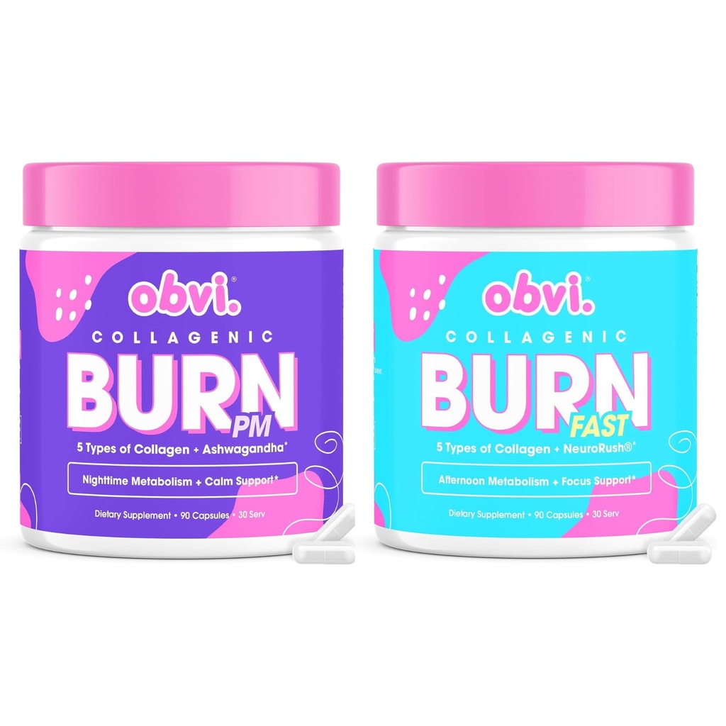 Obvi Collagenic Burn PM & Multi Collagen Burn Fast Bundle | Nighttime Collagen with Ashwagandha, GABA, Melatonin + Hydrolyzed Collagen Peptides | Keto & Gluten-Free
