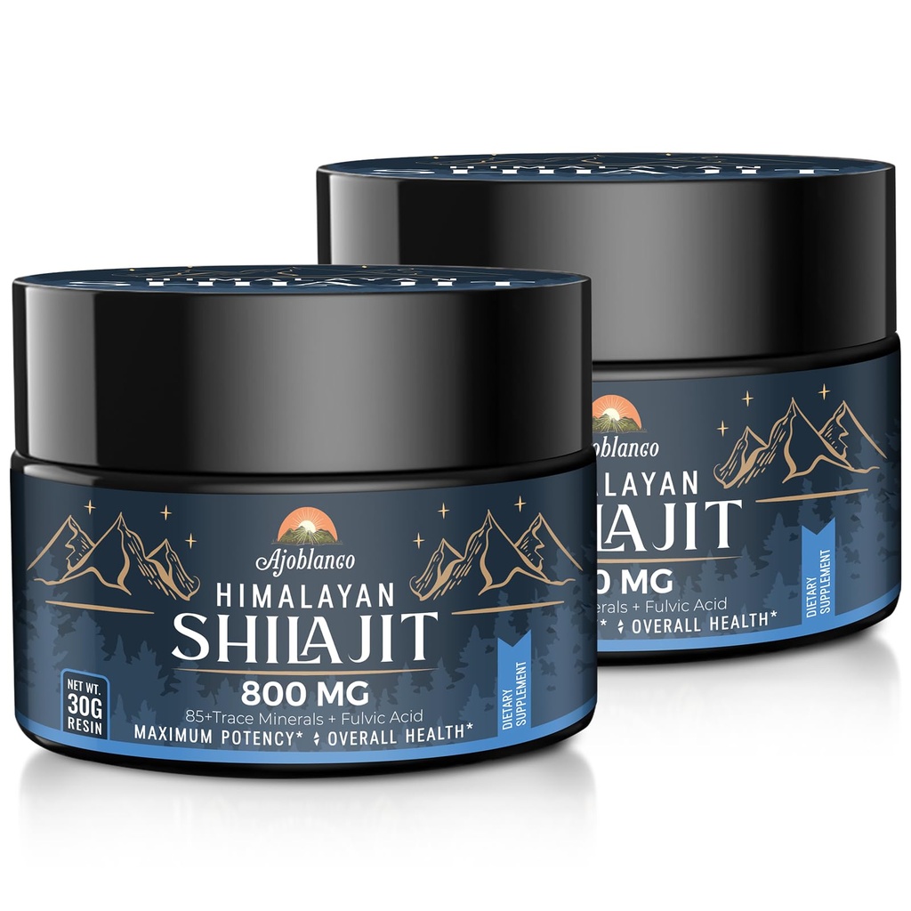 Ajoblanco 800 Mg Himalayan Shilajit Resin, Shilajit Pure Himalayan Organic, Shilajit Supplement med renhed, Høj dosering & potens for energi, Styrke & Immunitet, Mænd & Kvinder, 30 Bedste, pakke med 2