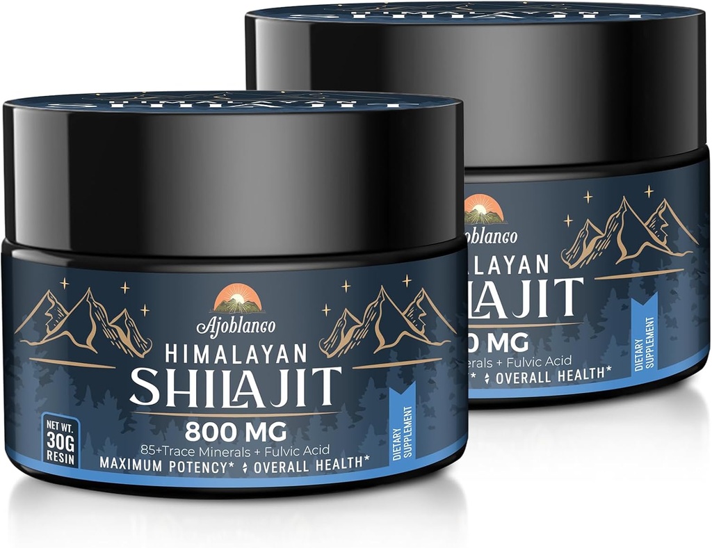 Ajoblanco 800 Mg Himalayan Shilajit Resin, Shilajit Pure Himalayan Organic, Shilajit Supplement med renhed, Høj dosering & potens for energi, Styrke & Immunitet, Mænd & Kvinder, 30 Bedste, pakke med 2