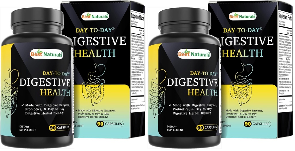 Best Naturals Day-to-Day Digestive Support 90 Veg Capsules - Made with Digestive Enzymes, Probiotics, & Herbal Blend - Made in The USA (Pack of 2)