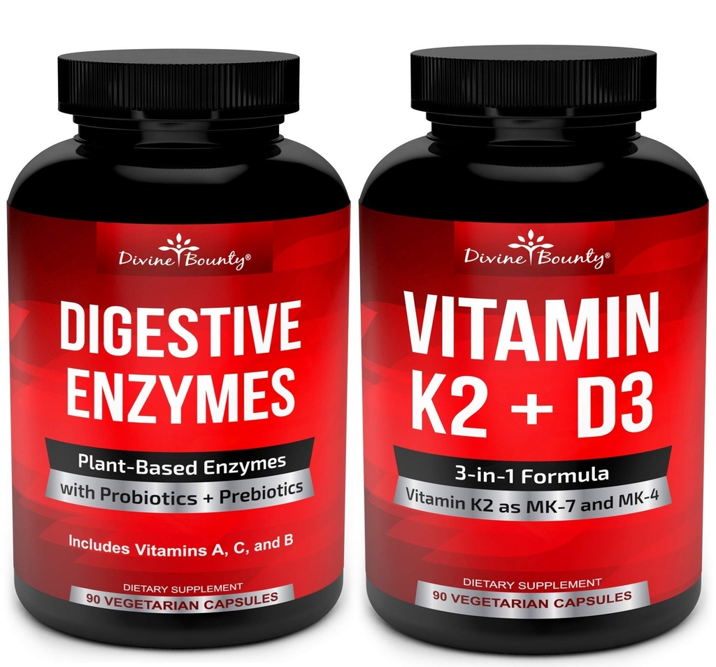 Divine Bounty Digestive Enzymes with Probiotics & Vitamin K2 and D3 Bundle