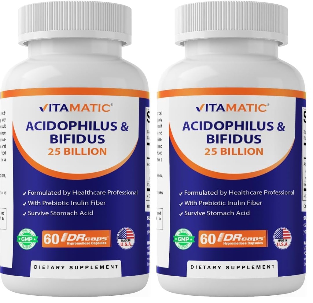 Vitamatic Acidophilus Bifidus 25 Billion DR Capsule - 60 Count - Digestive Support - Made with Prebiotic Inulin Fiber (Pack of 2)