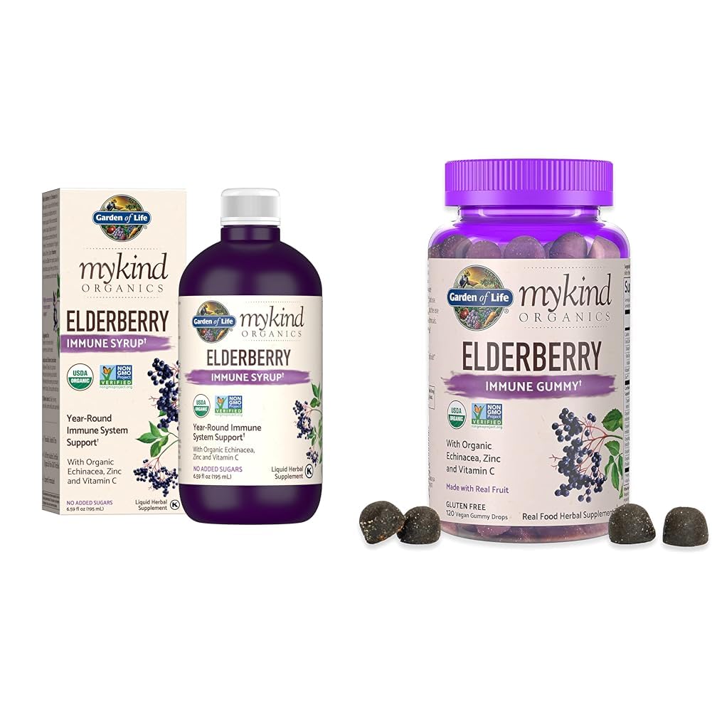 Haven af Life Organics Plant- Based Elderberry Immunsyrup 6.59 fl oz & Organics Elderberry Gummies for voksne & børn