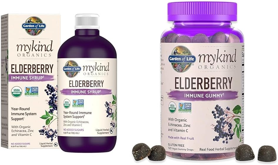 Haven af Life Organics Plant- Based Elderberry Immunsyrup 6.59 fl oz & Organics Elderberry Gummies for voksne & børn