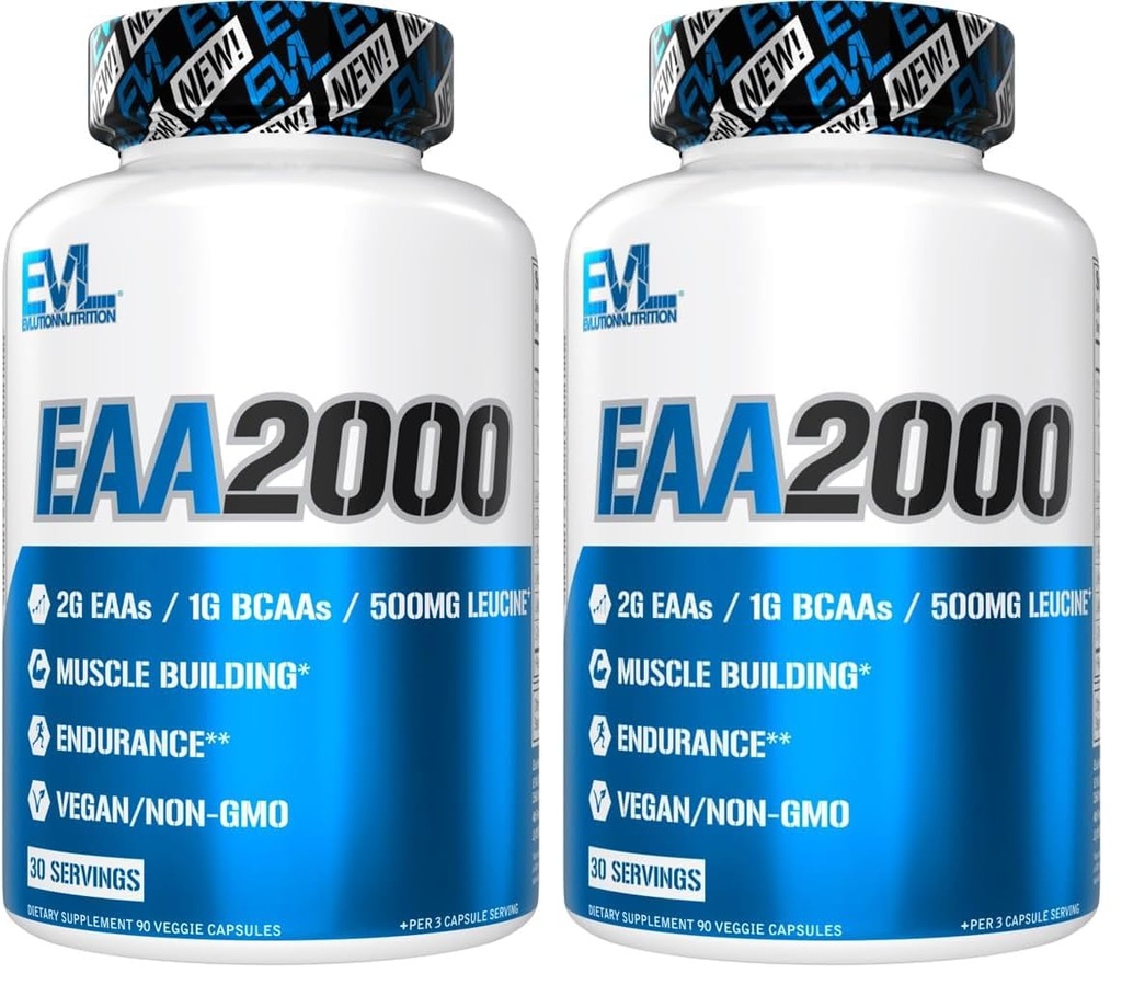 Evlution Nutrition EAA2000 - Pre & Post Workout Capsules - Muscle Building + Recovery Supplement - 2g Essential Amino Acids + 1g BCAAs - Endurance + Energy Support - 30 Servings (Pack of 2)