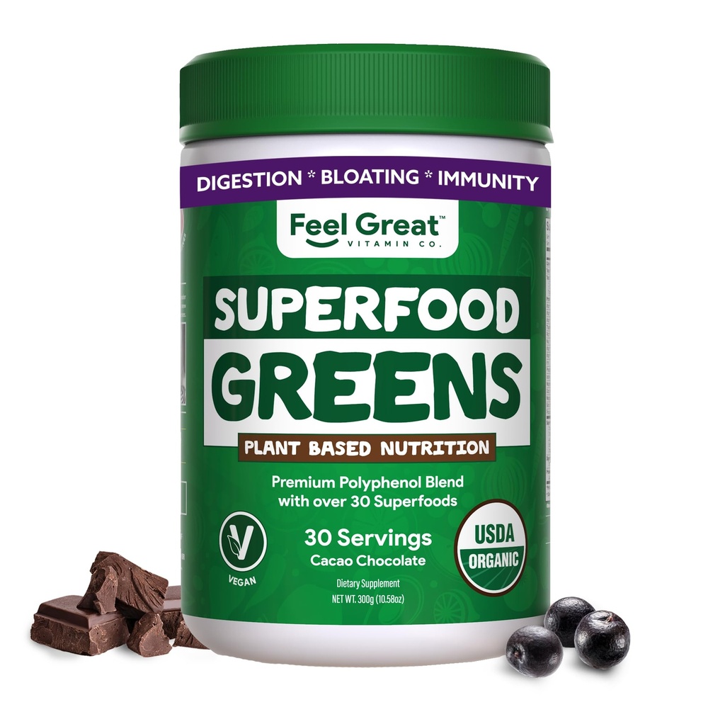 Feel Great Organic Superfood Green Powder - Kakao Chokolade Name 124; Frugt & Grøntsager Supplement # 124; Over 20 Grønne, Frugter & Veggies, Fiber, Probiotika & fordøjelsesbesvær Enzymes # 124; 30 Servering