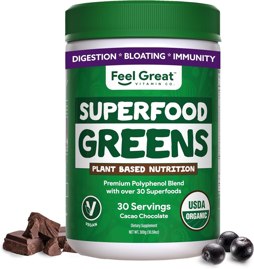 Feel Great Organic Superfood Green Powder - Kakao Chokolade Name 124; Frugt & Grøntsager Supplement # 124; Over 20 Grønne, Frugter & Veggies, Fiber, Probiotika & fordøjelsesbesvær Enzymes # 124; 30 Servering