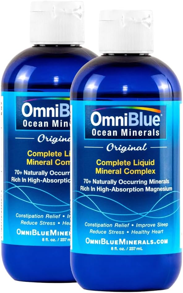OmniBlue Ocean Minerals - 70 + Trace Minerals & Liquid Magnesium - Kalium, Chloride - Lavnatrium - Naturlig støtte til søvn, fordøjelse, regelmæssighed, hydrering og elektrolytbalance (2-Pack 8oz)