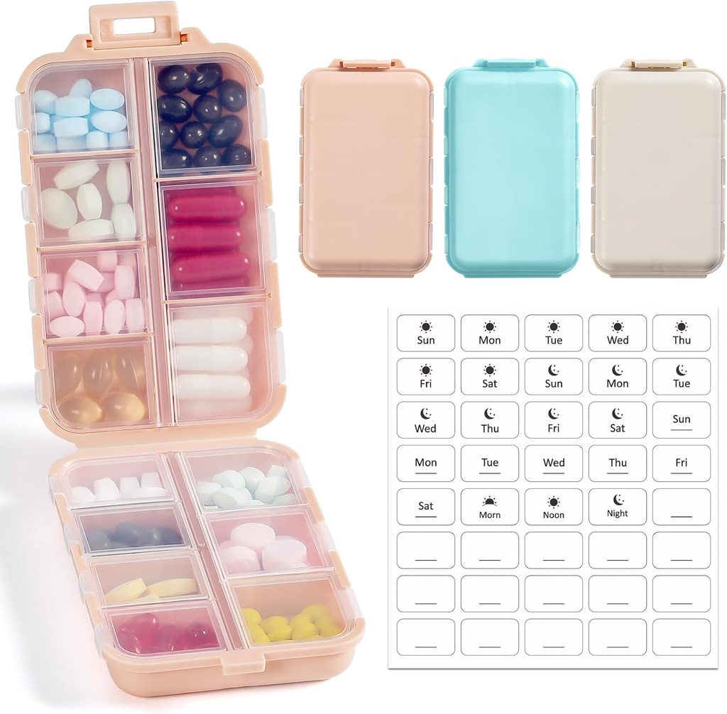 3 Pack, 14 GRIDS Travel Pill Organizer Box med etiketter - Travel Medicine Case Kit - Pocket Daily Pharmacy Container - Travel Medication Holder Dispenser for Fish Oil Vitamin Supplement Storage