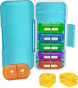 Ugentlig Pill Organizer 2 gange om dagen, Fugtighed- Proof, Aftagelige Kompartmenter, AM PM Pill Box 2X 7 dag, Travel Pill Organizer til piller / Fish Oil / Medicin / Vitamin / Kosttilskud (Blå + Farverige)