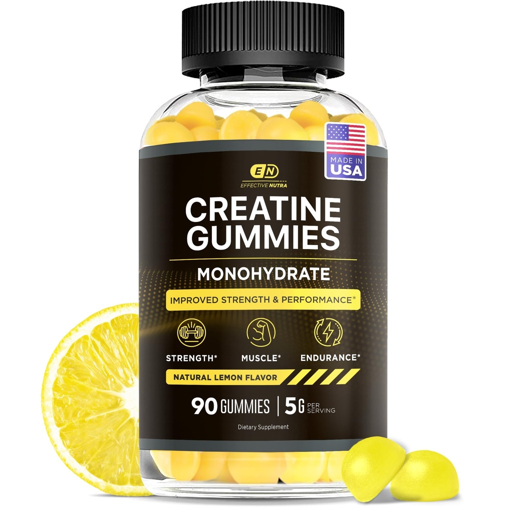 Effektiv Nutra Creatinine Monohydrate Gummies - 1g Creatin per Gummy - Vegansk Muskel & Styrke supplement til mænd og kvinder - Understøtter muskelvækst, energi, Endurance - Lemon Flavor, Made in USA (90ct)
