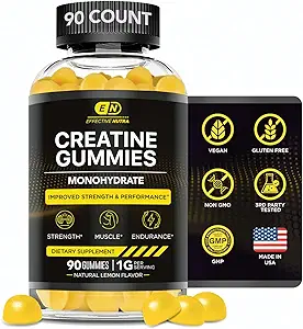 Effektiv Nutra Creatinine Monohydrate Gummies - 1g Creatin per Gummy - Vegansk Muskel & Styrke supplement til mænd og kvinder - Understøtter muskelvækst, energi, Endurance - Lemon Flavor, Made in USA (90ct)