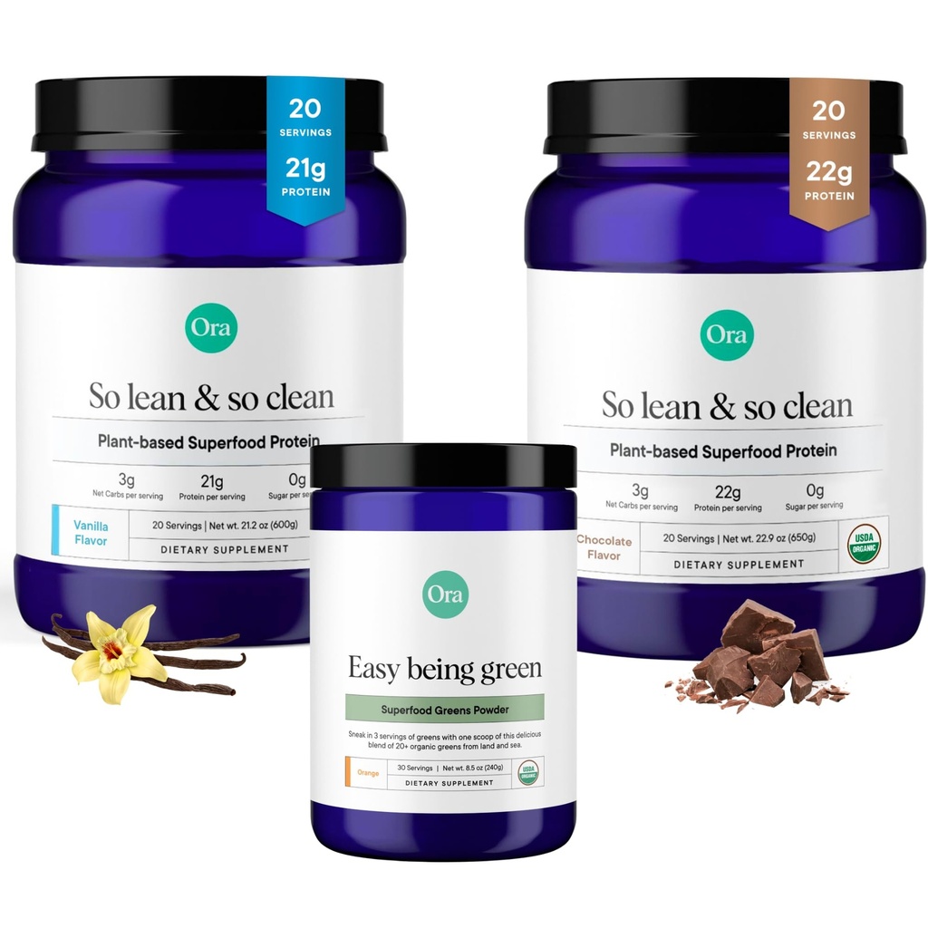 Ora Organic Vegan Protein Powder Chocolate, Vanila & Green Powder Bundle: 22g Plant Based, Chocolate, 20 Servere + 21g Plant Based, Vanilla, 20 Servere + Organic Super Green Drink, 30 Servere