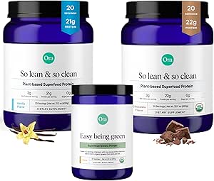 Ora Organic Vegan Protein Powder Chocolate, Vanila & Green Powder Bundle: 22g Plant Based, Chocolate, 20 Servere + 21g Plant Based, Vanilla, 20 Servere + Organic Super Green Drink, 30 Servere