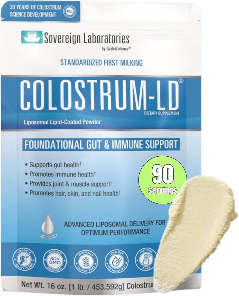 Sovereign Laboratories Colostrum- LD Liposomal Levering - Colostrum Powder - Gluten- Free, Lactose- Reduceret - 90 Servere 16oz Plain