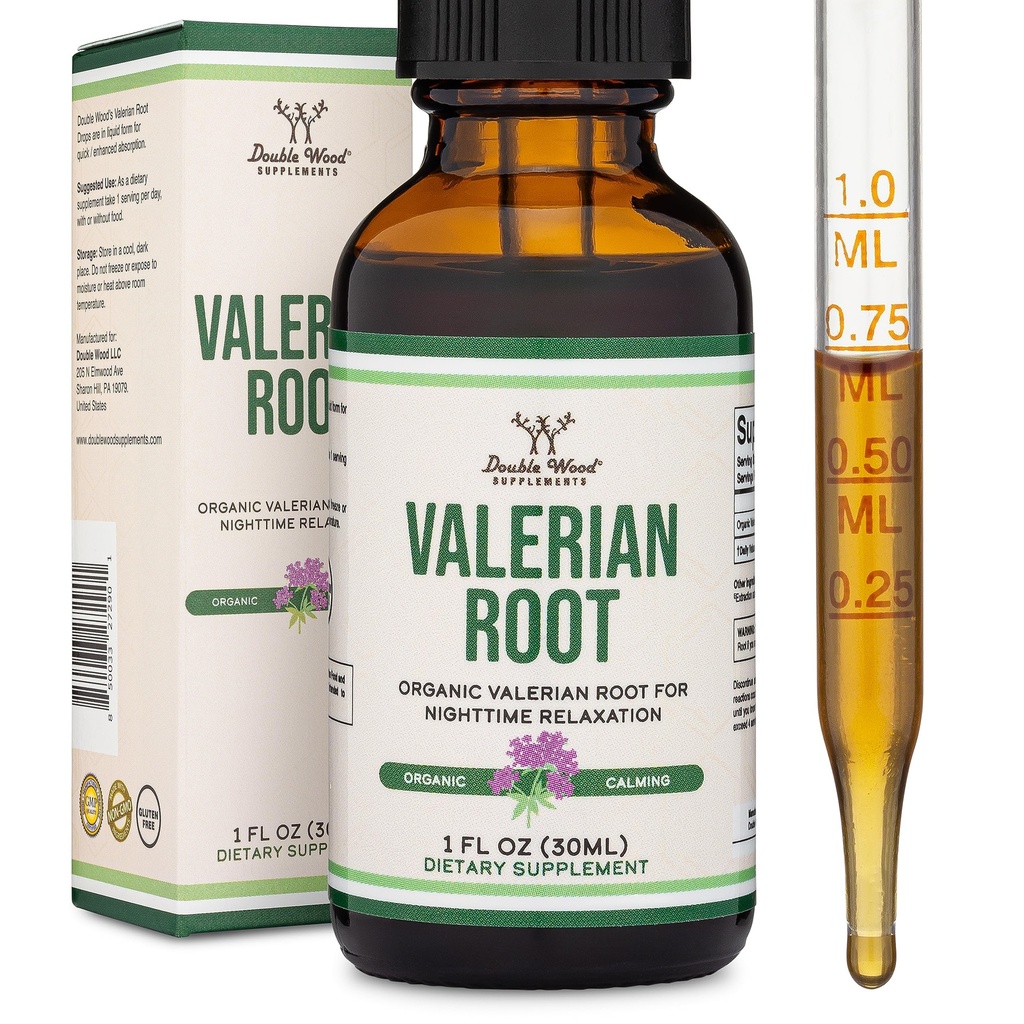 Valerian Root Drops til søvn - Økologisk Valerian Root tinktur Extract 168mg - 1 FL OZ, 30 Servering (bedre Absorbed Than Kapsler, Forbedrer Valerian Root Tea) til afslapning og rolig ved Double Wood