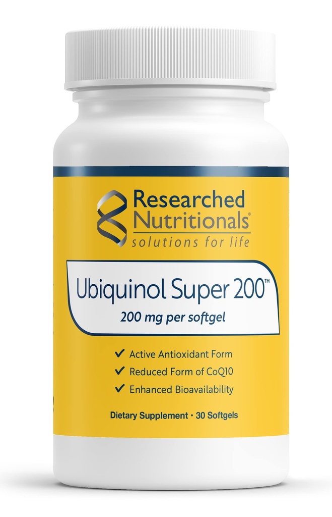 Researched Nutritionals Ubiquinol Super 200 - Enhanced Absorption CoQ10 200mg Softgels - Coenzyme Q10 Ubiquinol Form Antioxidants Supplement to Support Heart Health & Cellular Energy (30 Softgels)