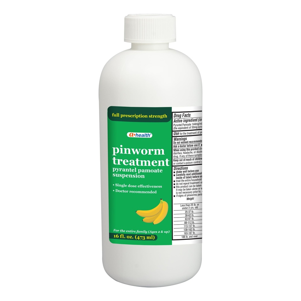 A+Health Pinworm Treatment, Pyrantel Pamoate Oral Suspension, for Adults and Kids 2+, Value Size, Banana Flavor, 16 Fl Ounces
