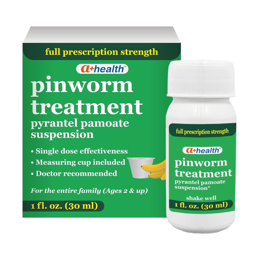 A+Health Pinworm Treatment Pyrantel Pamoate Oral Suspension for Adults and Kids 2+, Full Prescription Strength Liquid, Banana Flavor, 1 Fl Ounce (1 Bottle)