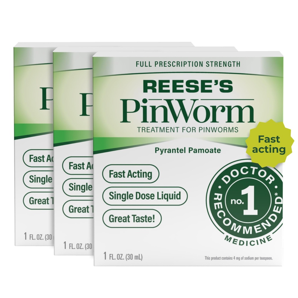 Reese's Pinworm Medicine Liquid for Entire Family, Full Prescription Strength, 1 Oz, Pack of 3, #1 Doctor Recommended Single Dose Pyrantel Pamoate Dewormer for Adults & Kids Ages 2+, Banana Flavor