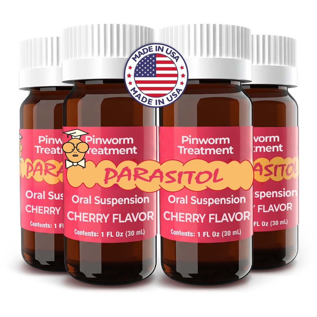 PARASITOL Pinworm Medicine for Family | Dewormer for Humans | Parasite Cleanse for Humans & Adults | Pyrantel Pamoate Liquid | Smoot and Easy Cherry Flavor | Kids & Adults 2+ | 4 Fl Oz | 4-Pack