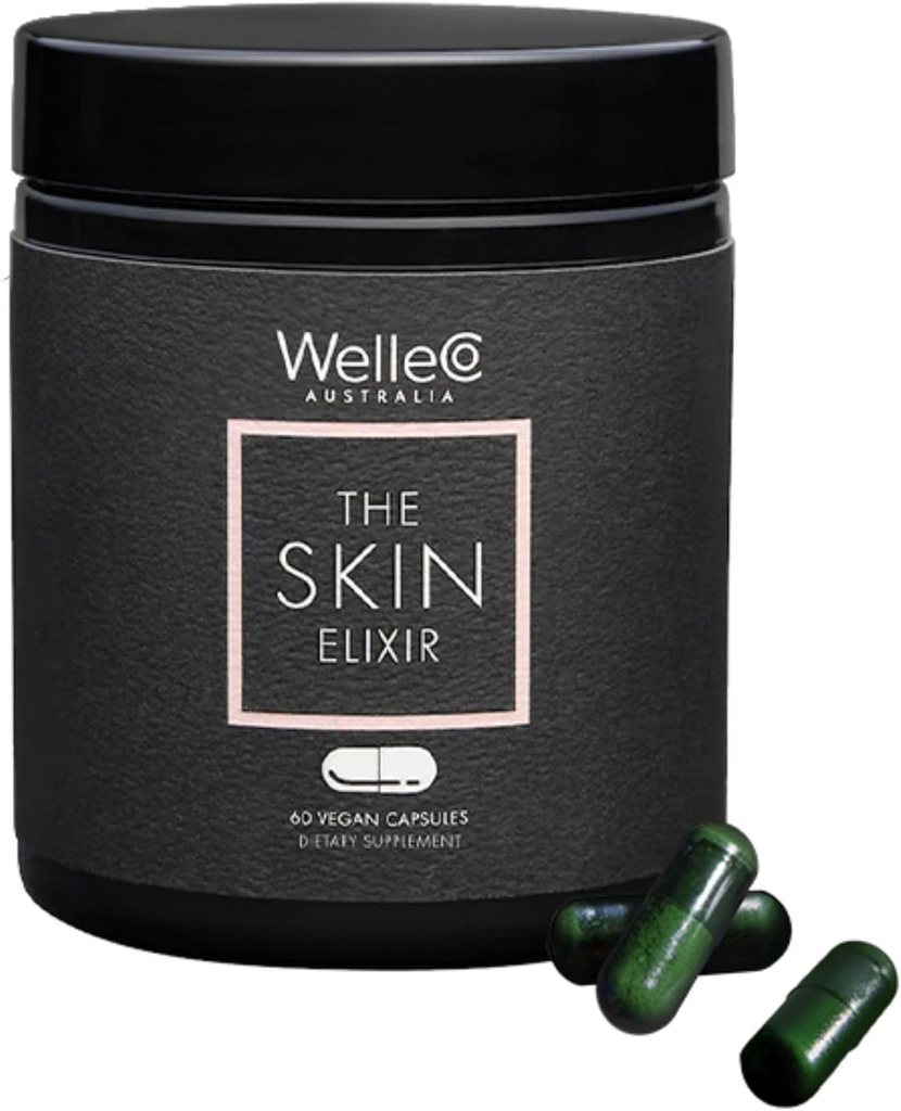 WelleCo The Skin Elixir Green Powder Kapsler med zink, gurkemeje, Essential Skin Food, Understøtter Collagen Dannelse, Gluten Free & Vegan glødende Skin Supplement, Firmness & Elasticitet, 60 Kapsler