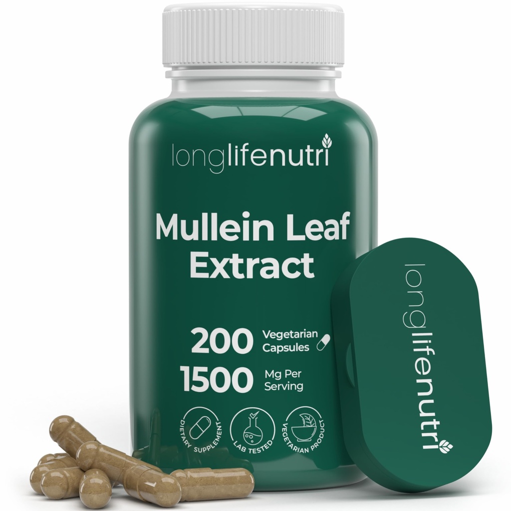 LongLifeNutri Mullein Leaf 1500mg 10:1 Extract - 200 Vegetarian Capsules, from Organic Mullein Leaf Powder, Herbal Supplement for Respiratory Care, 2-Month Supply, Non-GMO, GMP Certified, Made in USA