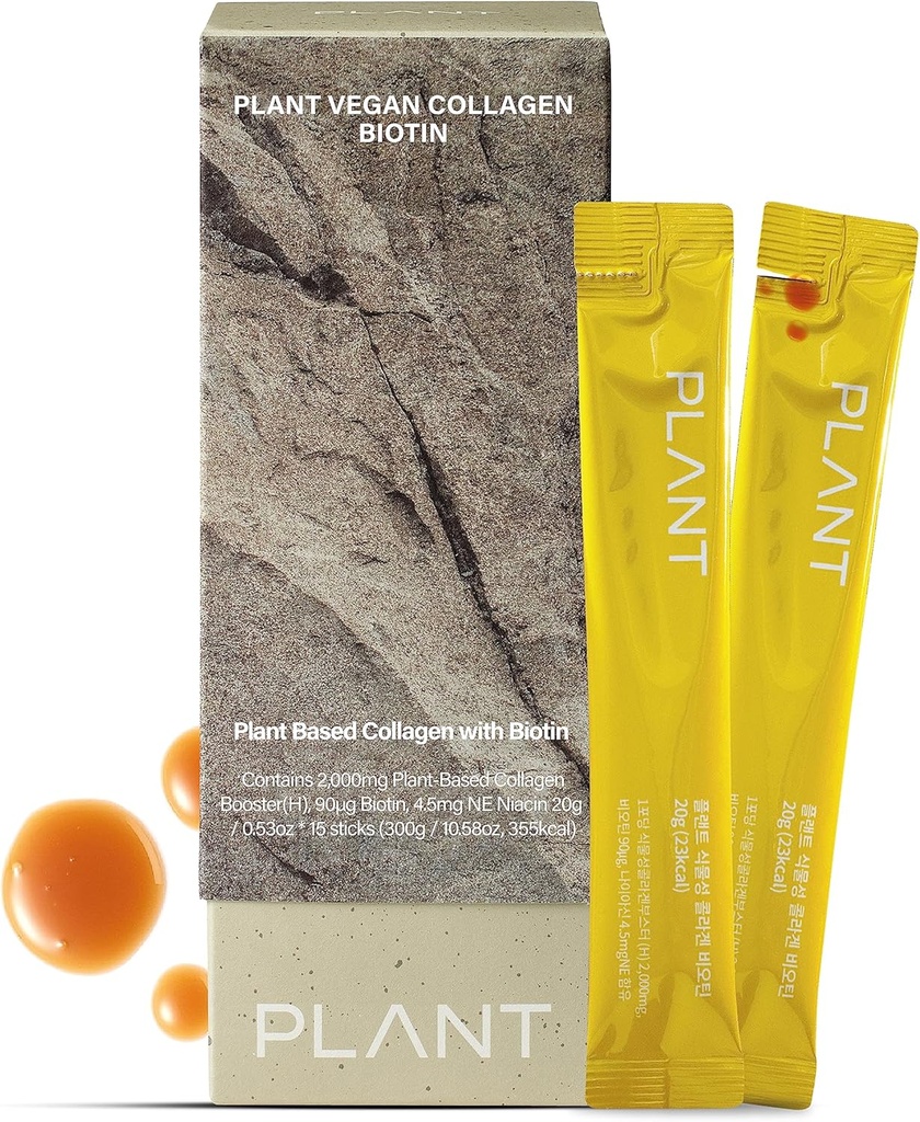 Vegansk collagen med Biotin (15 sticks) - Plant- baseret collagen supplement Flydende, Low- Molekulær collagen peptider. Koreansk hudpleje. Lemon Flavored.