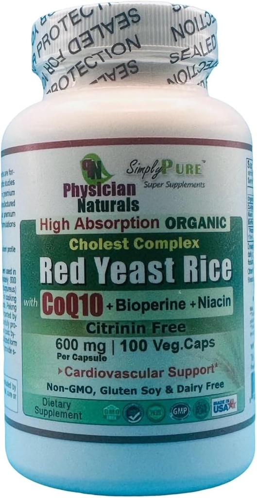 Organic Red Yeast Rice w CoEnzyme Q10 og Piperine 600 mg High Absorption 100 Veg Caps 1200 mg per servering