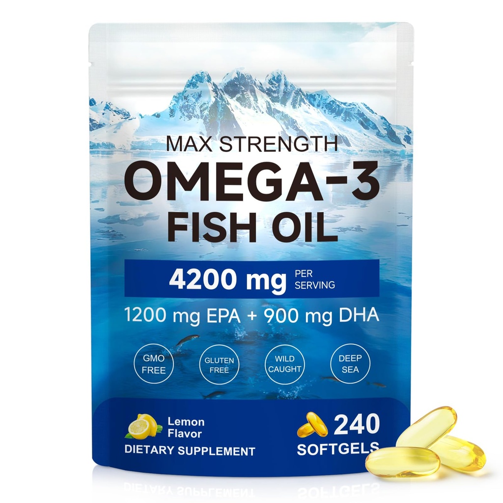 Triple Strength Omega 3 Fish Oil Softgels - 4200mg Per Serving | 1200mg EPA & 900mg DHA | Wild-Caught Deep Sea Fish | Burpless Lemon Flavor & Enteric Coated | 3rd Party Tested & Non-GMO | 240 Softgels