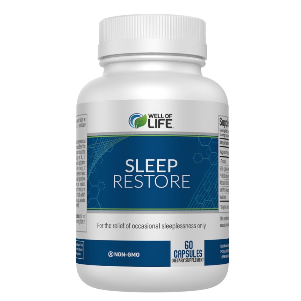 Well of Life Sleep Restore Supplement with Melatonin & Magnesium – Tranquil Sleep Support with L-Theanine GABA 5-HTP | Supports Relaxation & Calm Night Routine | 60 Vegan Capsules