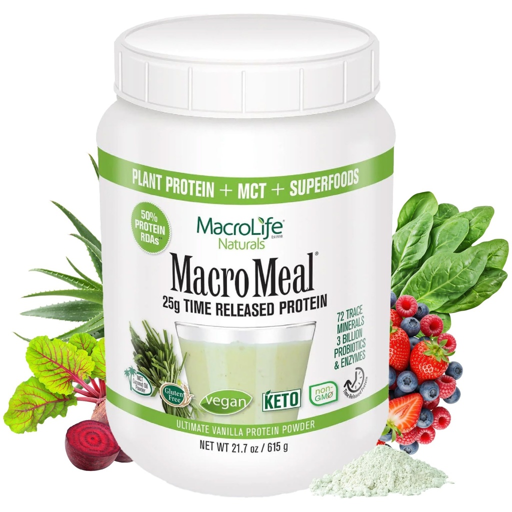 MacroLife Naturals MacroMeal Vanilla Vegan Protein Powder 25g + Superfood Greens, 3 Billion Probiotics & Fiber for Lasting Energy - Plant Based Non-GMO & Gluten-Free Shake & Smoothie Mix - 15 Servings