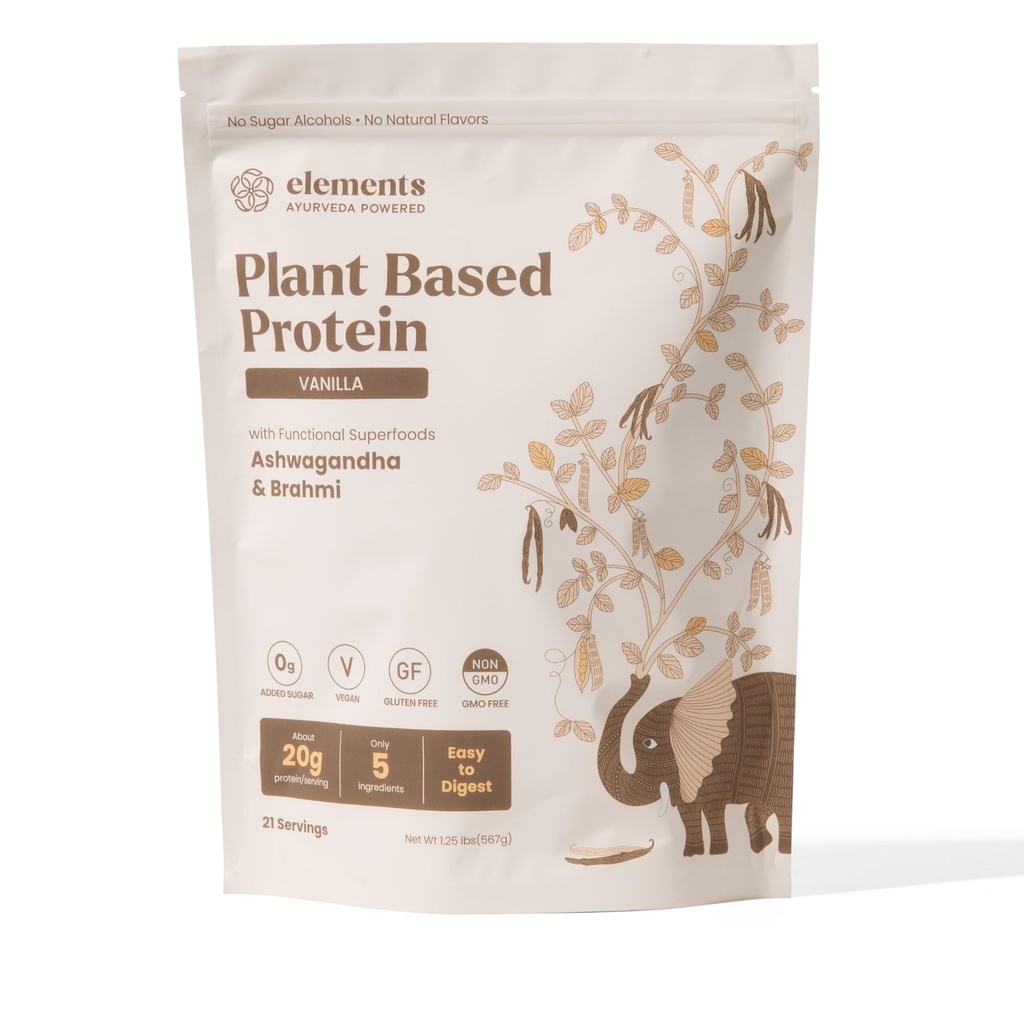 Elements Vanilla Plant Protein Powder | 20g Protein | Complete Amino Acid Profile | Ayurvedic Adaptogens Ashwagandha & Brahmi | Vegan | No Added Sugar | 21 Servings |