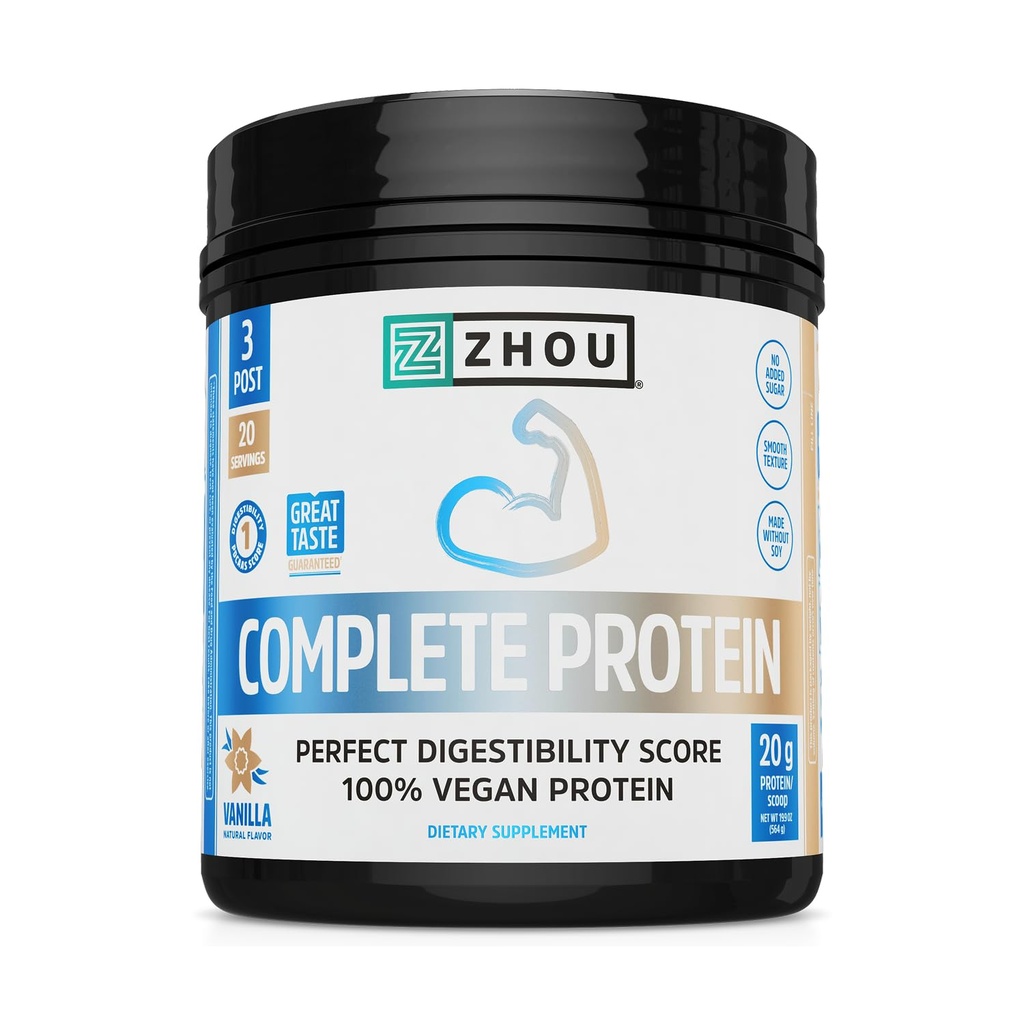 Zhou Complete Protein - Advanced Vegan Protein Powder Crafted for Lean Muscle Mass Support and a Perfect Digestibility Score - No Added Sugar - 20 Servings, 19.9 OZ
