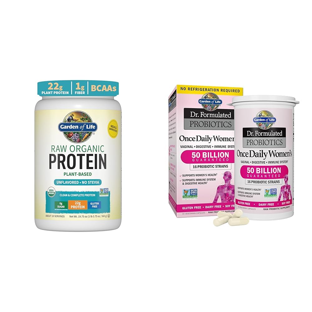 Garden of Life Organic Vegan Unflavored Protein Powder 22g Complete Plant Based Raw Protein & BCAAs Plus Probiotics & Digestive Enzymes for Easy Digestion &
