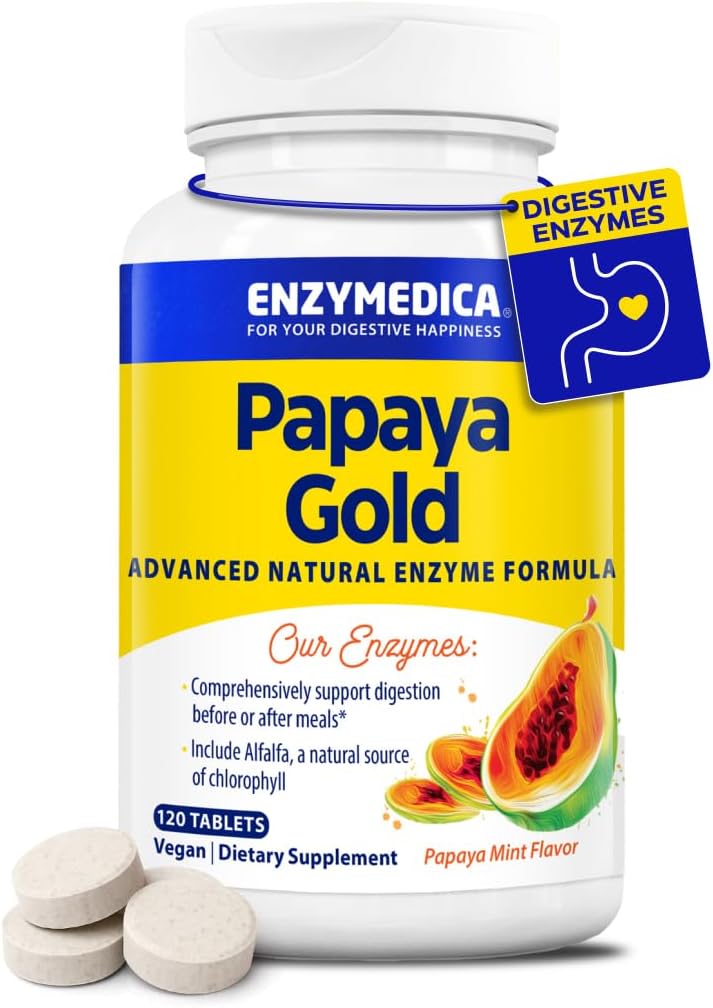 Enzymedica Papaya Gold, Avancerede fordøjelsesenzymer med Natural Organic Papaya & Chlorophyll til omfattende fordøjelsesstøtte, High Potency Bromelain & Papain, Vegan, Mint, 120 tyggetabletter