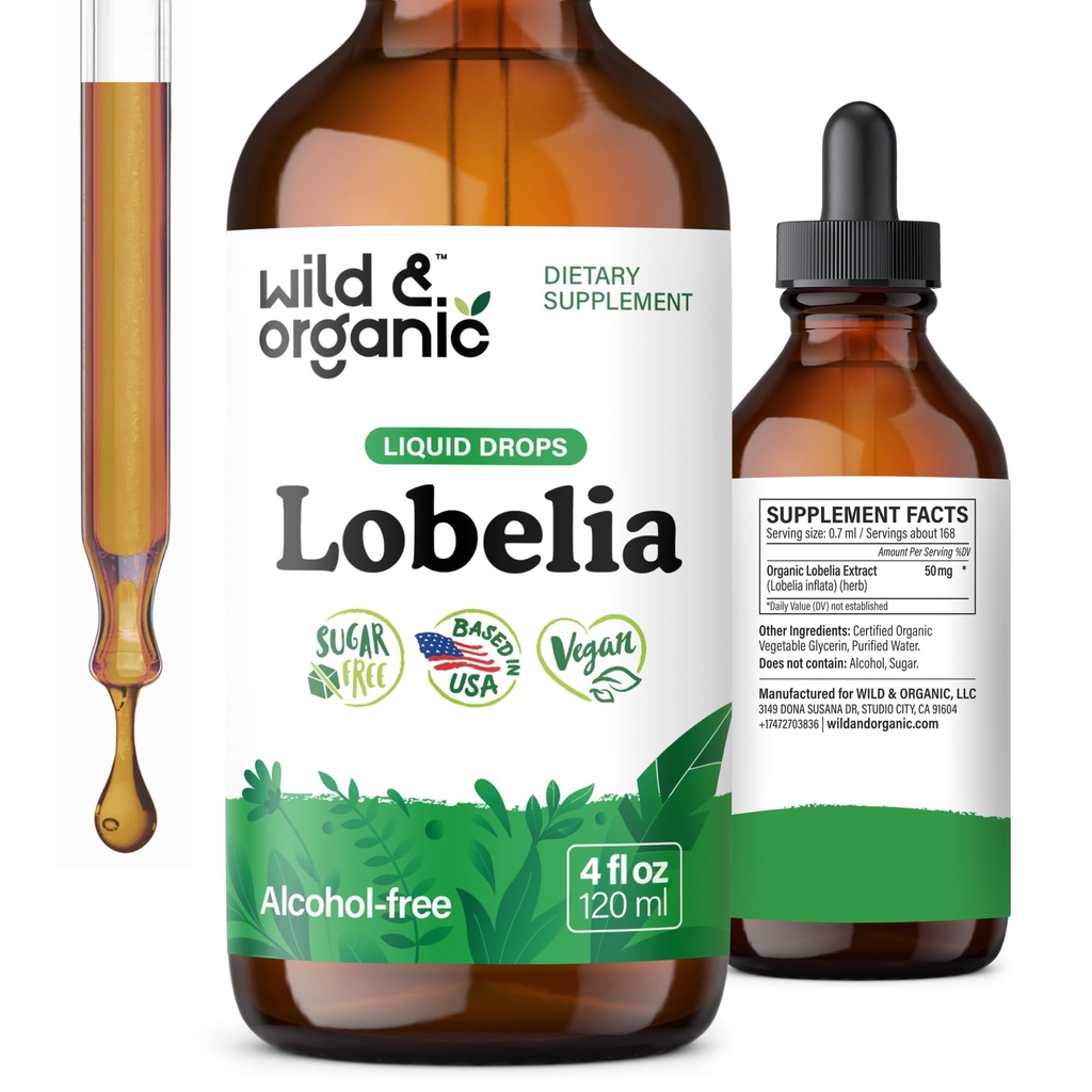 Wild & Organic Lobelia Tincture - Lung Detox and Cleanse - Flydende Lobelia Herb tillæg - Vegan, Sukker & Alkohol- Free Leaf Extract Drops - 4 fl oz