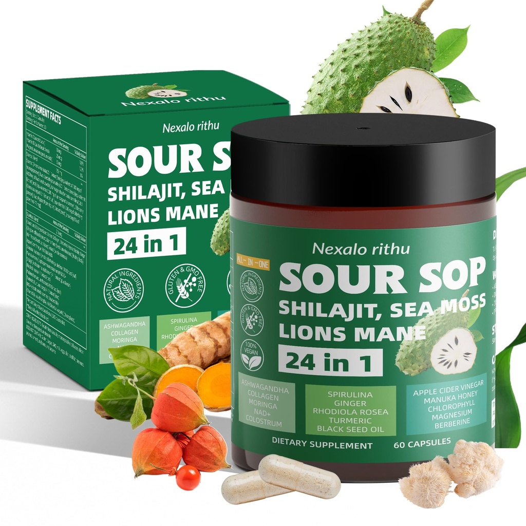 Soursop Capsules – 24-in-1 Soursop Bitters & Herbal Soursop Supplement with Sea Moss, Moringa, Rhodiola Rosea, Shilajit & Ashwagandha for Gut Support,Energy,Immune & Digestive Support,Non-GMO,Organic