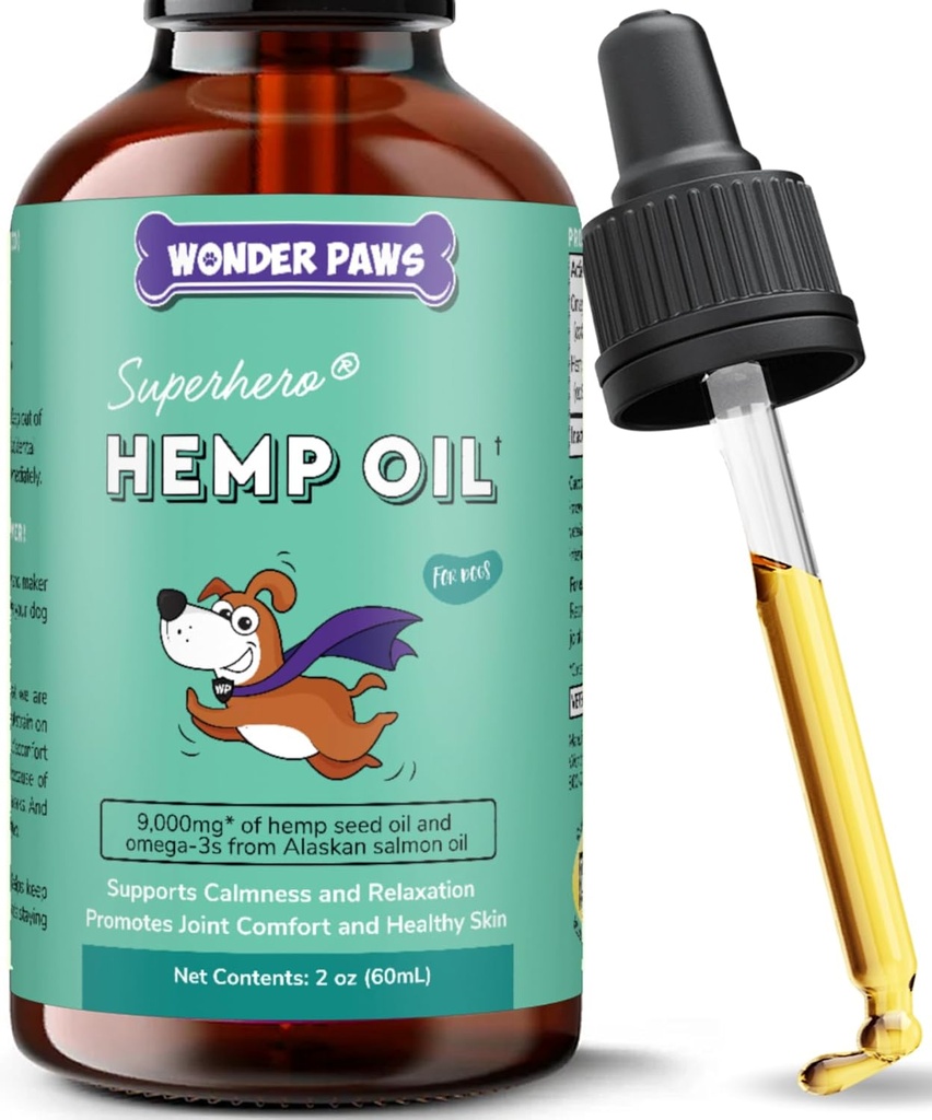 WONDER PAWS Økologisk Hamp Olie til Hunde - 9.000 mg Hamp Olie med Alaska Salmon Oil & Omega 3 Fedtsyrer - Hamp til Kæledyr, Fælles Sundhed, Angst Relief, Calming, Hud & Immun - 60 ml Hamp Oliedråber