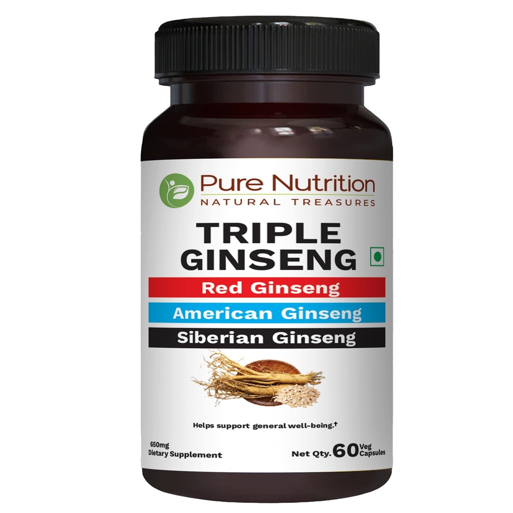 Pure Nutrition Triple Ginseng - en unik og effektiv kombination af rød Ginseng, amerikansk Ginseng og sibirisk Ginseng. 790mg per kapsler 125; 60 Veg Caps Pack